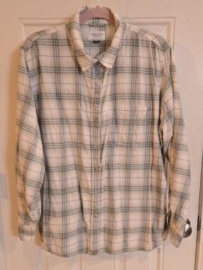 American Eagle Outfitters Cream and Green Plaid Button-Down Shirt
